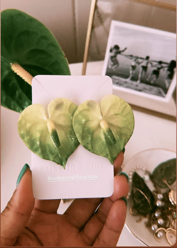 Handmade clay green anthurium stud earrings handcrafted in Hawai‘i by Culture Girl Boutique