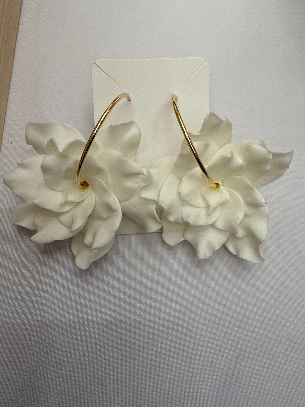 Culture Girl handmade clay white pikake flower hoop earrings