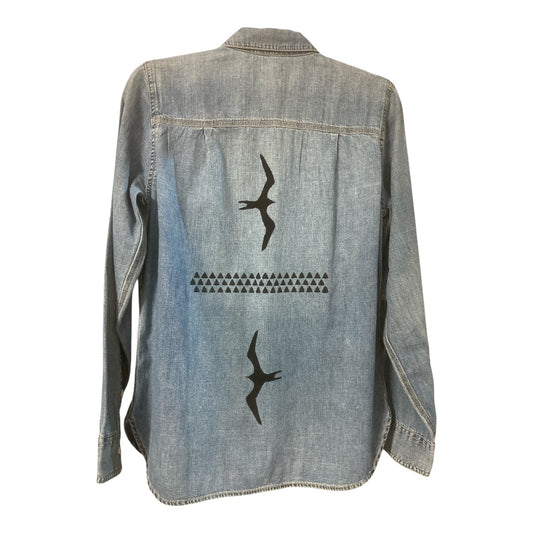 Light washed denim jacket black Iwa bird and lokahi triangle design hand-painted by Culture Girl