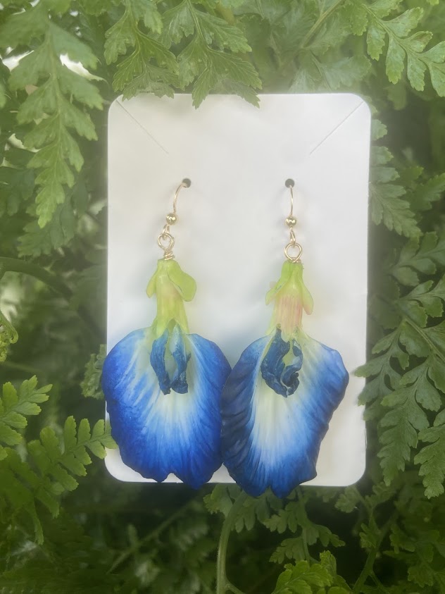 Handmade Butterfly Pea Flower clay gold-filled earrings crafted in Hawai‘i by Culture Girl Boutique