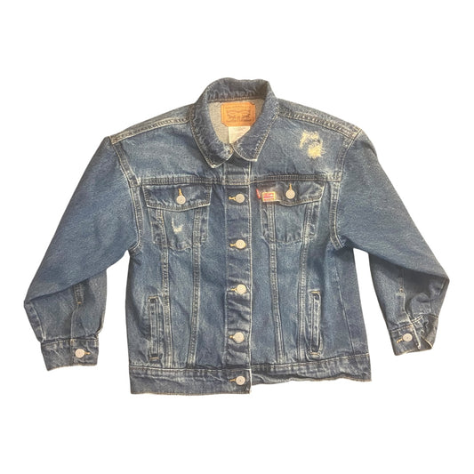 Front side of Culture Girl hand-painted red anthurium print on denim jacket