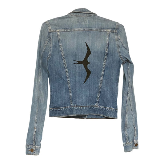Hand-painted Iwa Bird on medium wash upcycled denim jacket handcrafted in Hawai‘i by Culture Girl Boutique