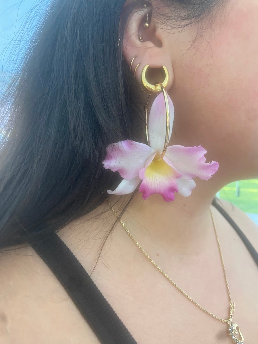 Culture Girl handmade clay pink and white orchid gold hoop earrings