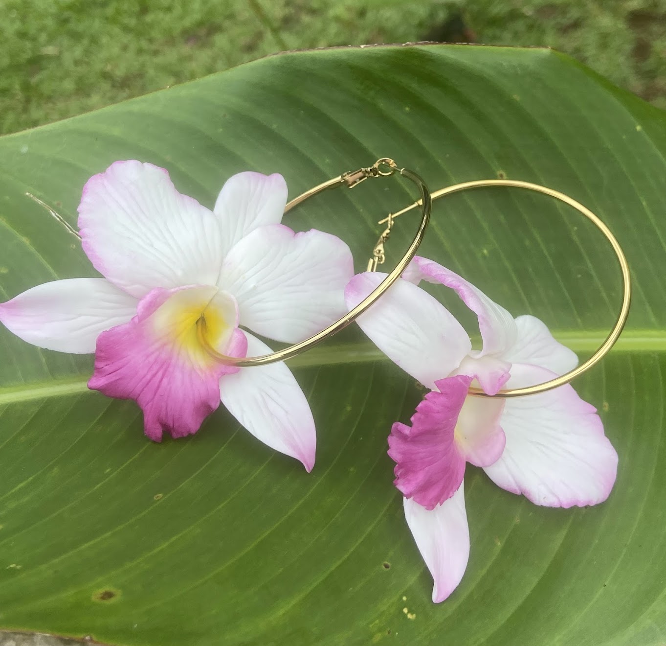 Culture Girl handmade, clay pink and white orchid gold hoop earrings