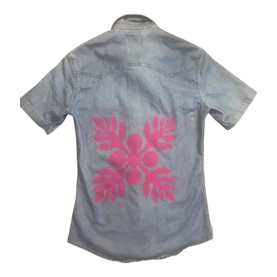 Denim shirt with a pink ulu design hand-painted by Culture Girl Boutique