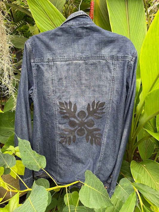 Denim shirt with a black ulu design hand-painted by Culture Girl Boutique