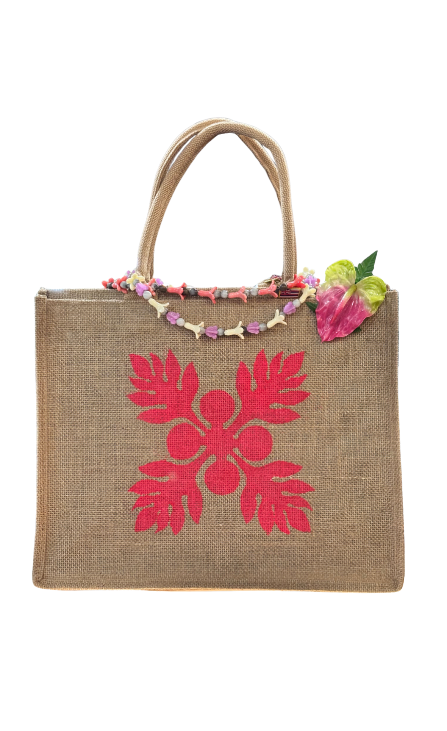 Recyclable khaki colored tote bag with red ulu print design and decorations